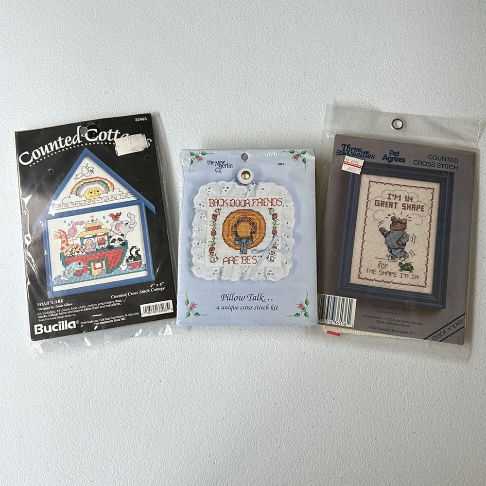 NEW Sunset Jiffy Counted Cross Stitch Bless Us Lord Kit & Three Needlepoint Kits
